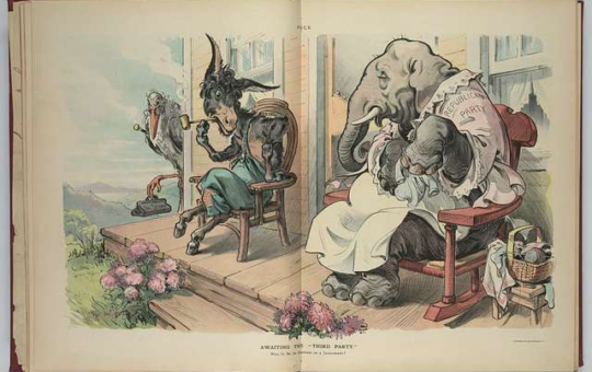 Illustration shows a donkey labeled "Democratic Party" and an elephant labeled "Republican Party" sitting on a porch; a stork carrying a bag labeled "Dr. Stork" is coming around the corner of the building.