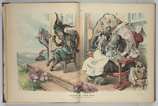 Illustration shows a donkey labeled "Democratic Party" and an elephant labeled "Republican Party" sitting on a porch; a stork carrying a bag labeled "Dr. Stork" is coming around the corner of the building.